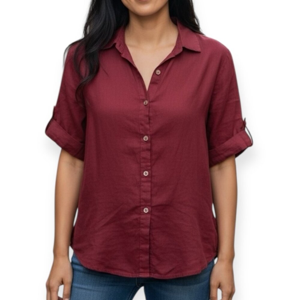 Puro Lino Women's Button-Up Linen Brown Red Size L Short Sleeve Italy Blouse